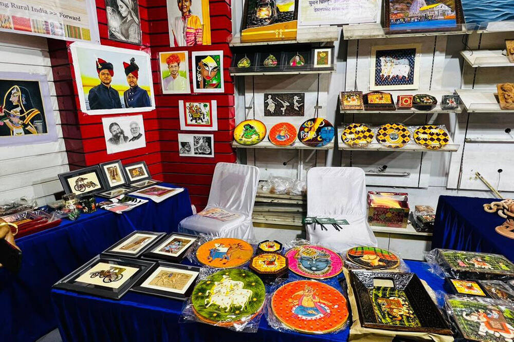 Bani Thani-painted products on display at a market stall, popup sale