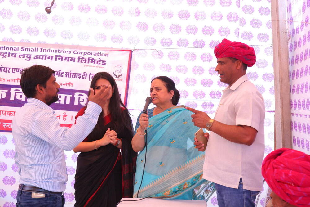 Dr. Shweta Laddha at the supply table, Mangra camp