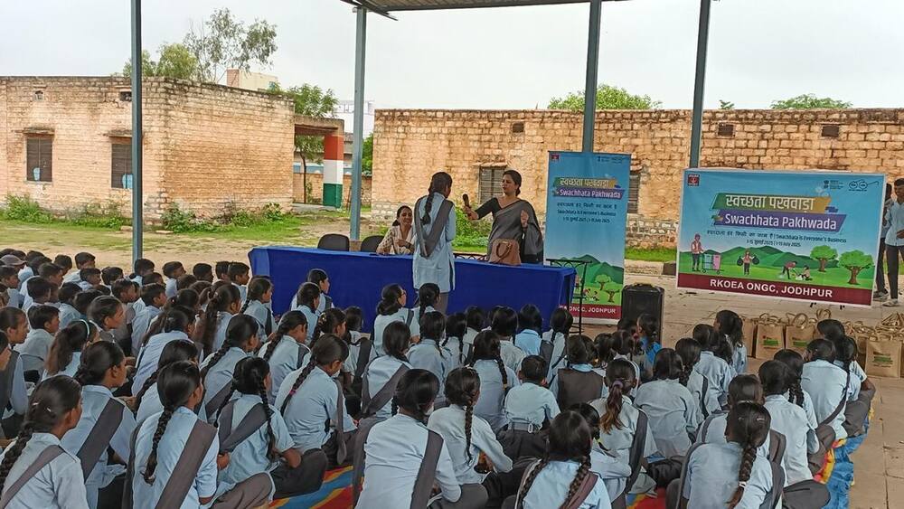 School assembly, Swachhata Pakhwada 2025, ONGC RKOEA Jodhpur